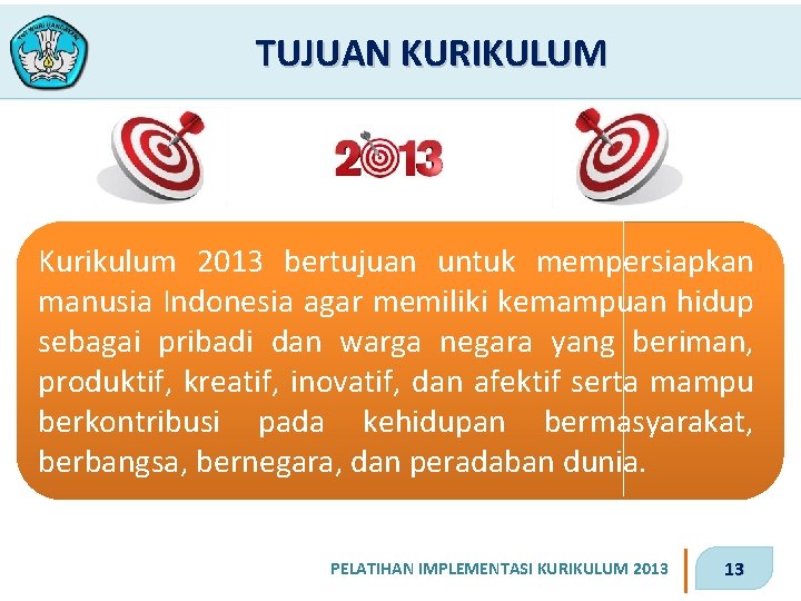 TUJUAN KURIKULUM Kurikulum 2013 bertujuan untuk mempersiapkan manusia Indonesia agar memiliki kemampuan hidup sebagai