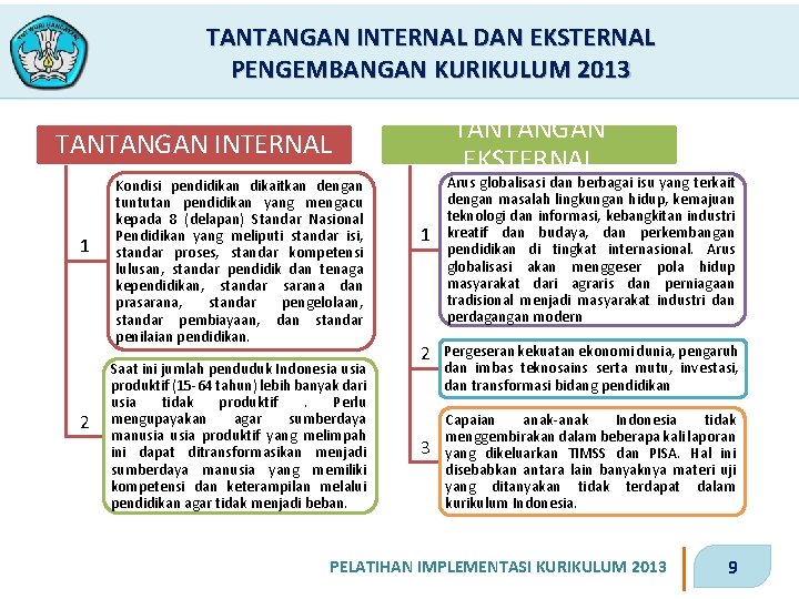 TANTANGAN INTERNAL DAN EKSTERNAL PENGEMBANGAN KURIKULUM 2013 TANTANGAN EKSTERNAL TANTANGAN INTERNAL 1 2 Kondisi