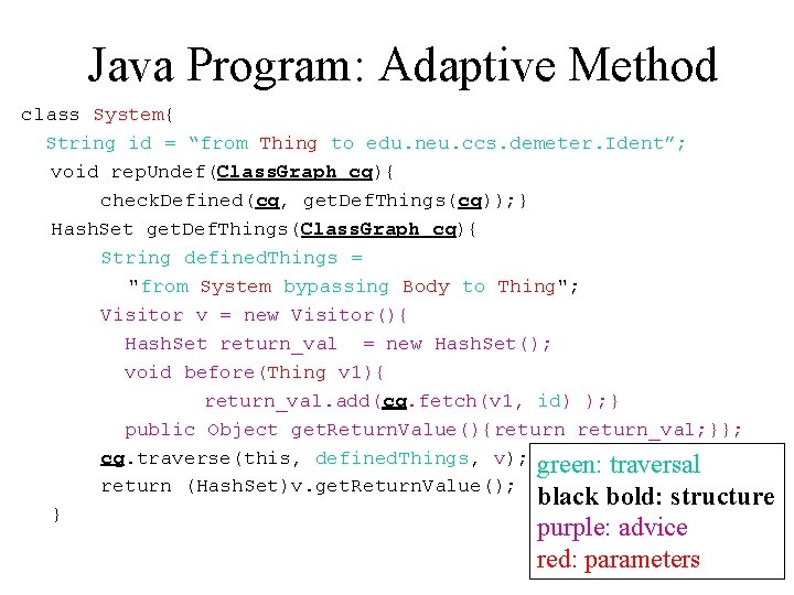 Java Program: Adaptive Method class System{ String id = “from Thing to edu. neu.