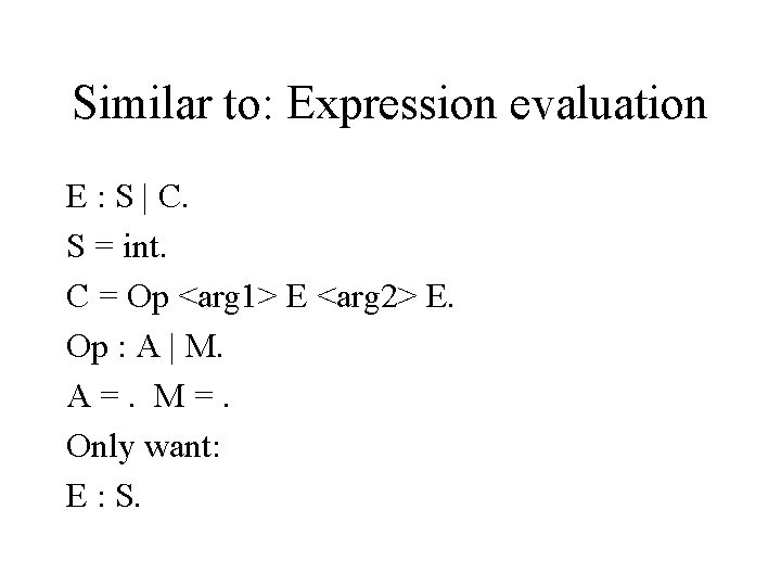 Similar to: Expression evaluation E : S | C. S = int. C =