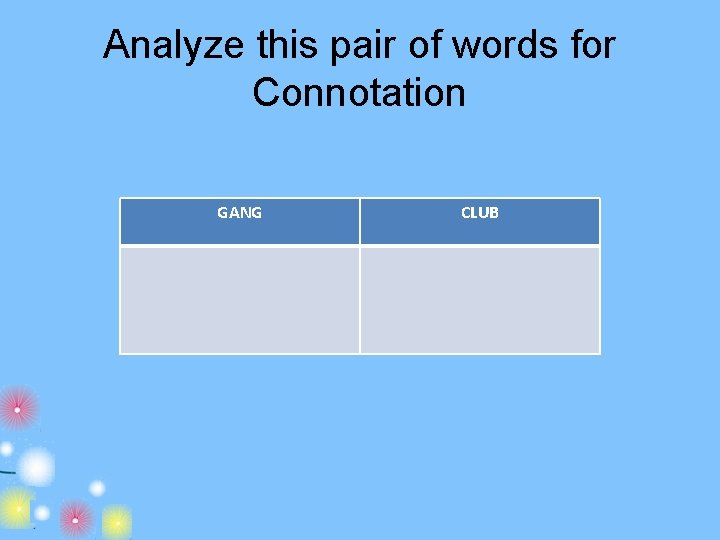 Analyze this pair of words for Connotation GANG CLUB 