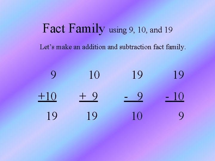 Fact Family using 9, 10, and 19 Let’s make an addition and subtraction fact