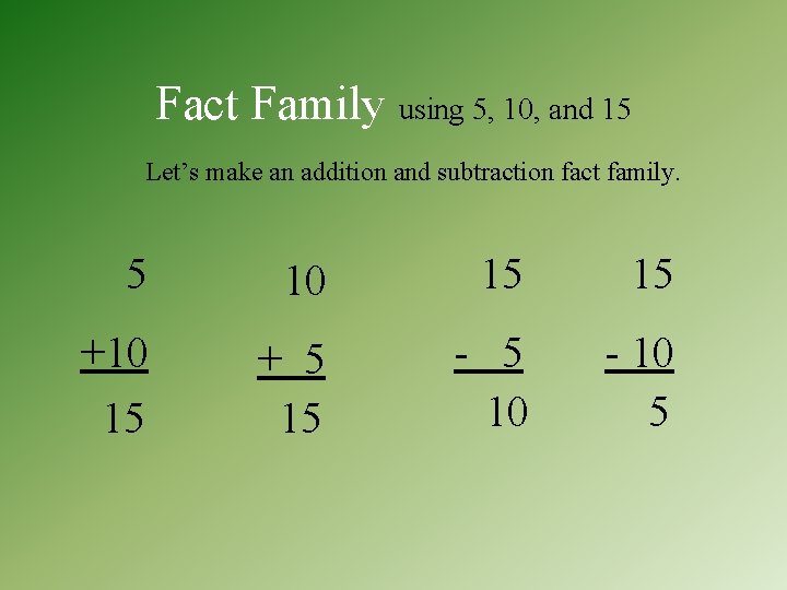 Fact Family using 5, 10, and 15 Let’s make an addition and subtraction fact