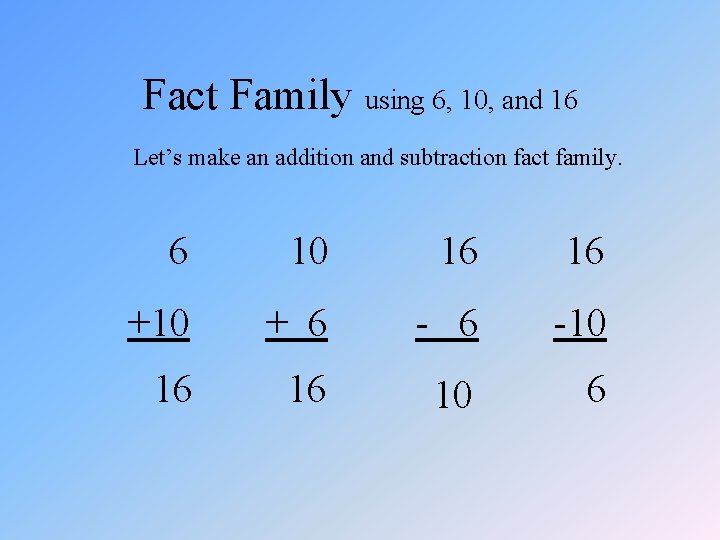 Fact Family using 6, 10, and 16 Let’s make an addition and subtraction fact