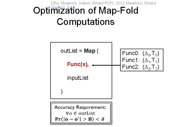 [Zhu, Misailovic, Kelner, Rinard POPL 2012; Misailovic, Rinard WACAS 2014] Optimization of Map-Fold Computations