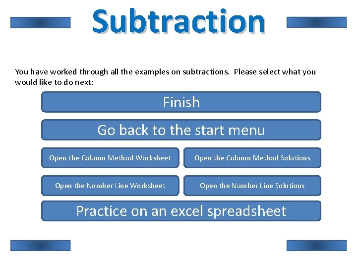 Subtraction You have worked through all the examples on subtractions. Please select what you