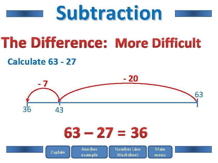 Subtraction The Difference: More Difficult Calculate 63 - 27 - 20 -7 36 63