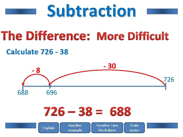 Subtraction The Difference: More Difficult Calculate 726 - 38 - 30 -8 688 726
