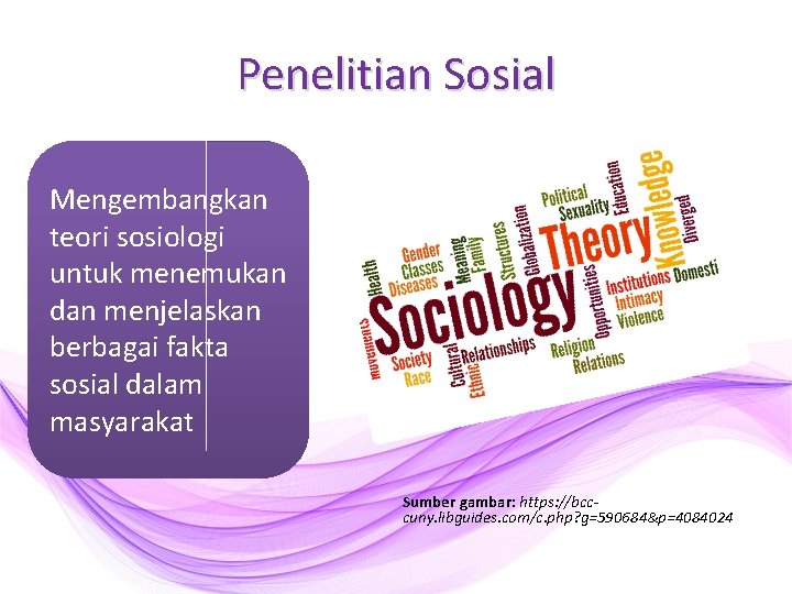 Penelitian Sosial Mengembangkan teori sosiologi untuk menemukan dan menjelaskan berbagai fakta sosial dalam masyarakat Penelitian Sosial Mengembangkan teori sosiologi untuk menemukan dan menjelaskan berbagai fakta sosial dalam masyarakat
