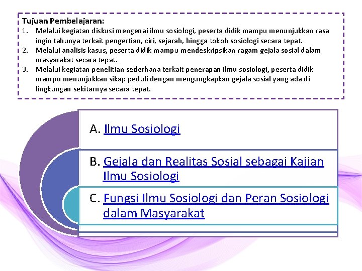 Tujuan Pembelajaran: 1. Melalui kegiatan diskusi mengenai ilmu sosiologi, peserta didik mampu menunjukkan rasa