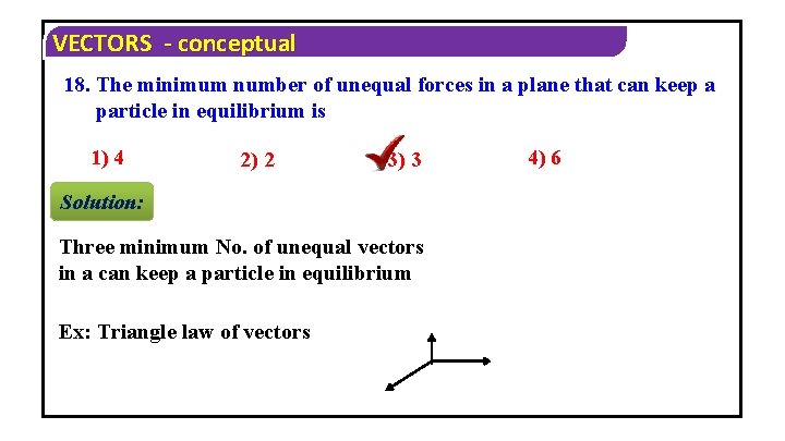 VECTORS - conceptual 18. The minimum number of unequal forces in a plane that