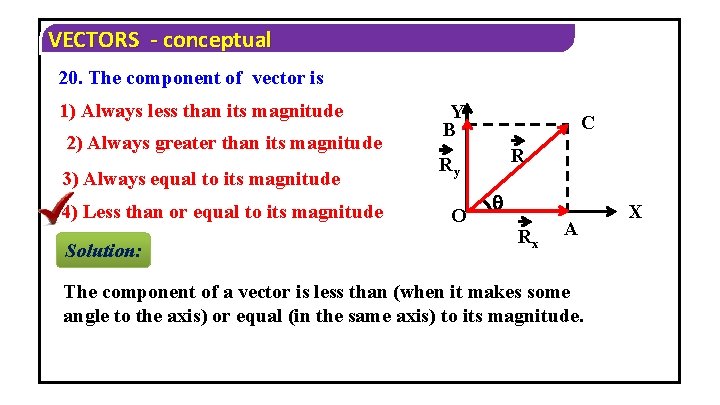 VECTORS - conceptual 20. The component of vector is 1) Always less than its