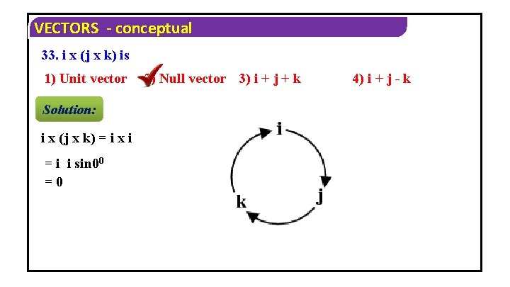 VECTORS - conceptual 33. i x (j x k) is 1) Unit vector Solution: