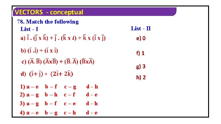 VECTORS - conceptual 78. Match the following List - II e) 0 f) 1