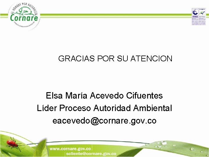 GRACIAS POR SU ATENCION Elsa María Acevedo Cifuentes Líder Proceso Autoridad Ambiental eacevedo@cornare. gov.
