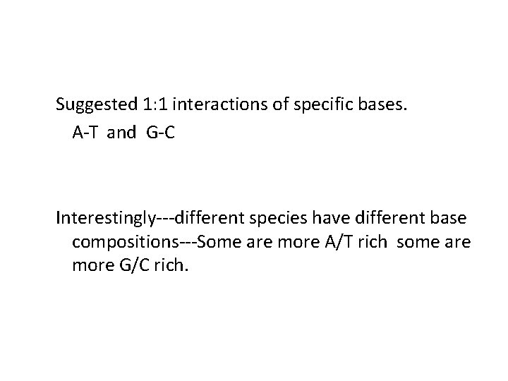 Suggested 1: 1 interactions of specific bases. A-T and G-C Interestingly---different species have different