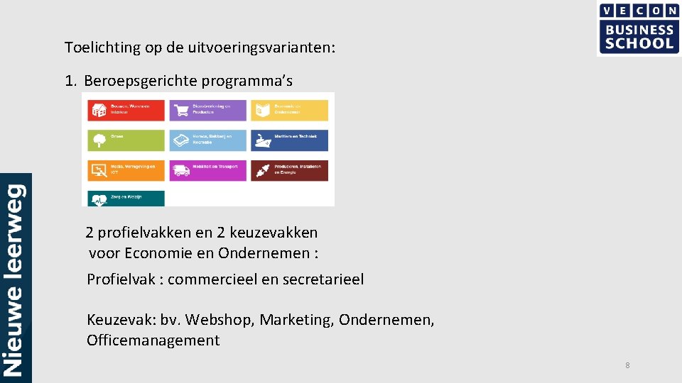 Toelichting op de uitvoeringsvarianten: 1. Beroepsgerichte programma’s 2 profielvakken en 2 keuzevakken voor Economie