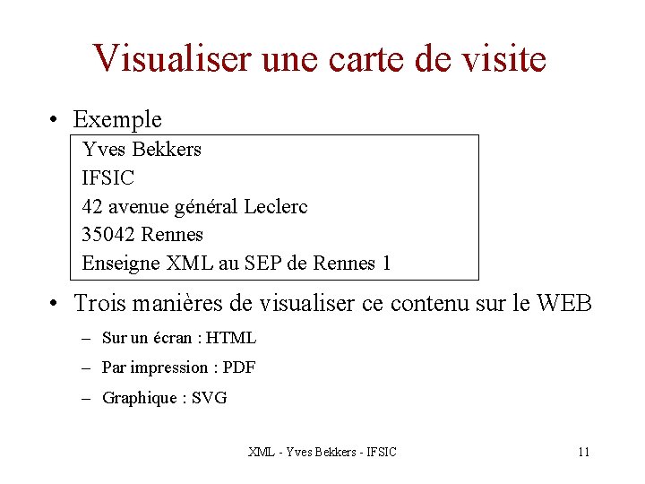 Visualiser une carte de visite • Exemple Yves Bekkers IFSIC 42 avenue général Leclerc