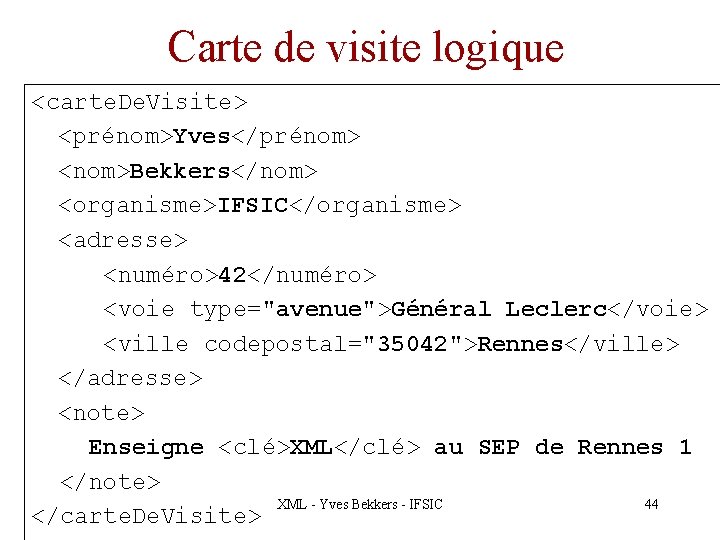 Carte de visite logique <carte. De. Visite> <prénom>Yves</prénom> <nom>Bekkers</nom> <organisme>IFSIC</organisme> <adresse> <numéro>42</numéro> <voie type="avenue">Général