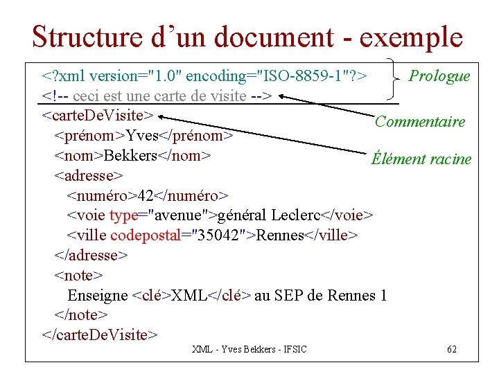 Structure d’un document - exemple Prologue <? xml version="1. 0" encoding="ISO-8859 -1"? > <!--
