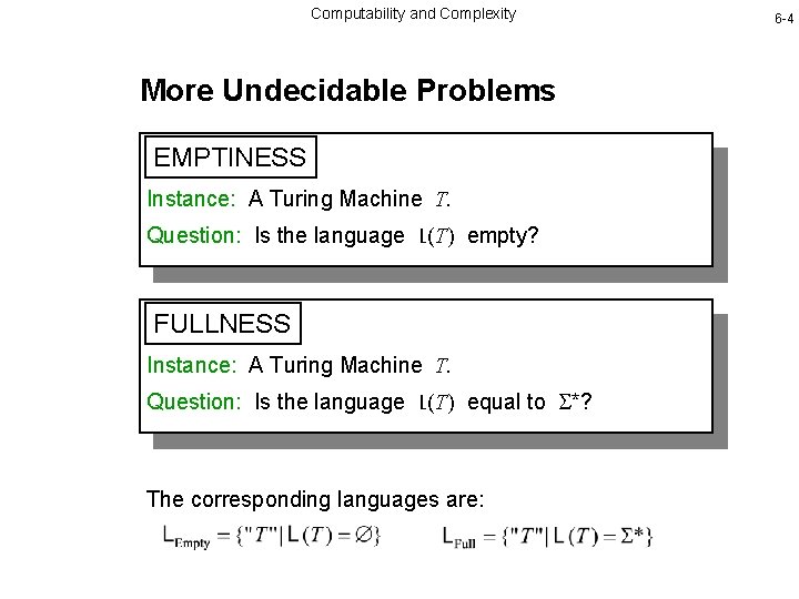 Computability and Complexity More Undecidable Problems EMPTINESS Instance: A Turing Machine T. Question: Is
