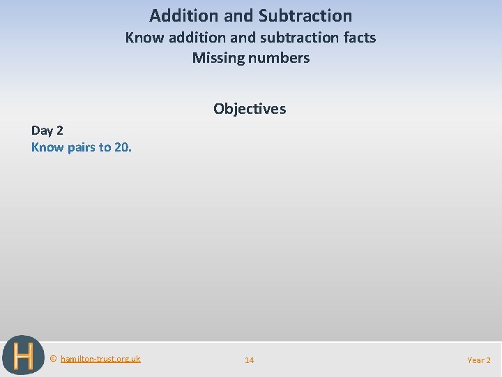 Addition and Subtraction Know addition and subtraction facts Missing numbers Objectives Day 2 Know