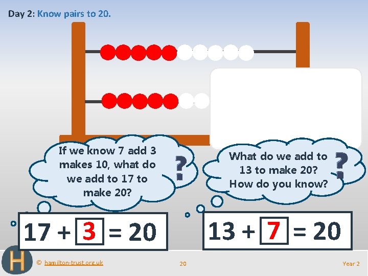 Day 2: Know pairs to 20. If we know 7 add 3 makes 10,