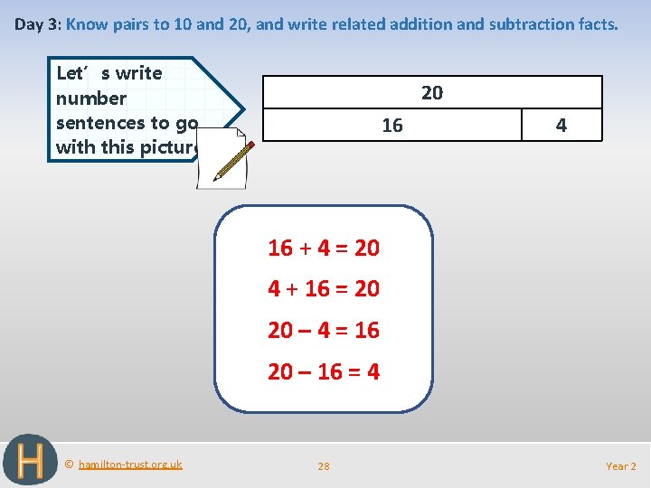 Day 3: Know pairs to 10 and 20, and write related addition and subtraction