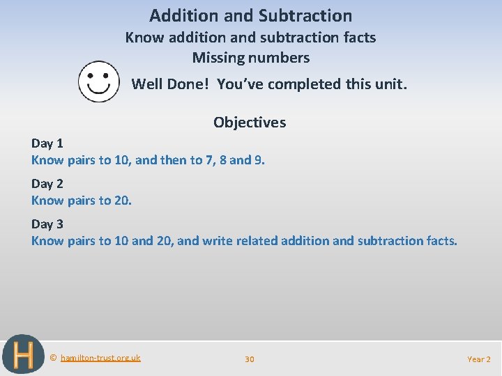 Addition and Subtraction Know addition and subtraction facts Missing numbers Well Done! You’ve completed