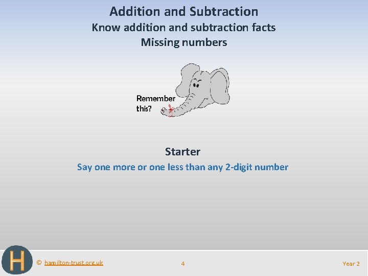 Addition and Subtraction Know addition and subtraction facts Missing numbers Starter Say one more