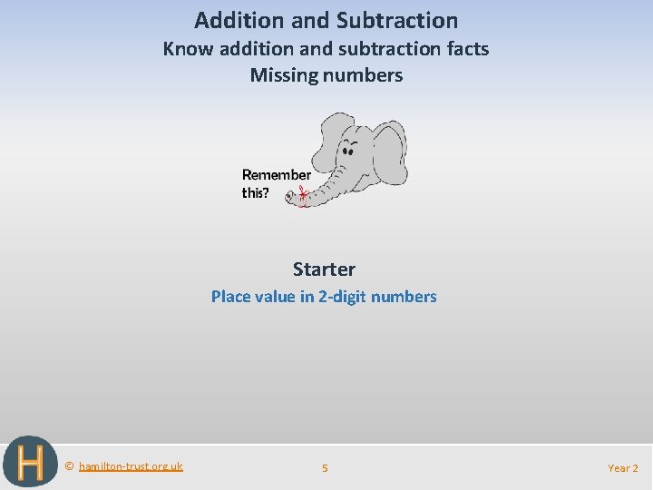 Addition and Subtraction Know addition and subtraction facts Missing numbers Starter Place value in