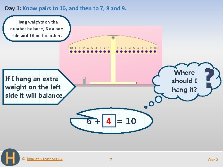 Day 1: Know pairs to 10, and then to 7, 8 and 9. Hang