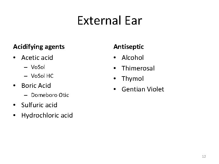 External Ear Acidifying agents Antiseptic • Acetic acid • • – Vo. Sol HC