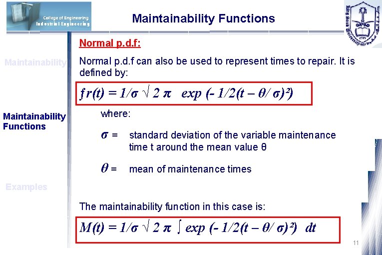 Maintainability Functions Industrial Engineering Normal p. d. f: Maintainability Normal p. d. f can