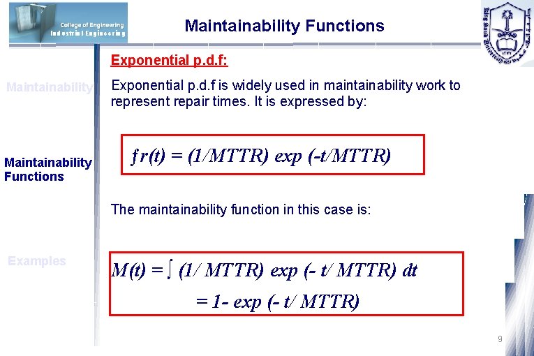 Industrial Engineering Maintainability Functions Exponential p. d. f: Maintainability Functions Exponential p. d. f