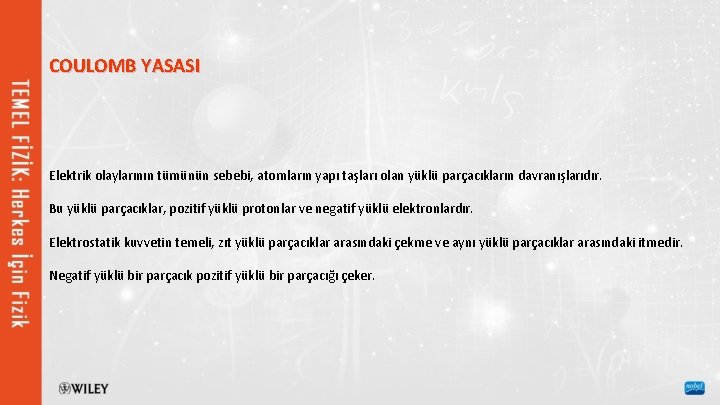 COULOMB YASASI Elektrik olaylarının tümünün sebebi, atomların yapı taşları olan yüklü parçacıkların davranışlarıdır. Bu