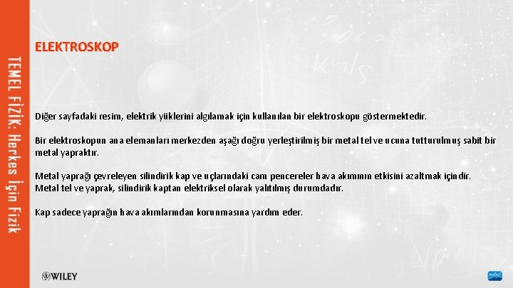 ELEKTROSKOP Diğer sayfadaki resim, elektrik yüklerini algılamak için kullanılan bir elektroskopu göstermektedir. Bir elektroskopun