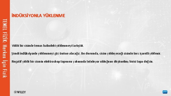 İNDÜKSİYONLA YÜKLENME Yüklü bir cisimle temas halindeki yüklenmeyi tartıştık. Şimdi indüksiyonla yüklenmeyi göz önüne