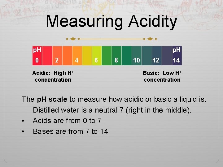 Measuring Acidity p. H 0 p. H 2 Acidic: High H+ concentration 4 6