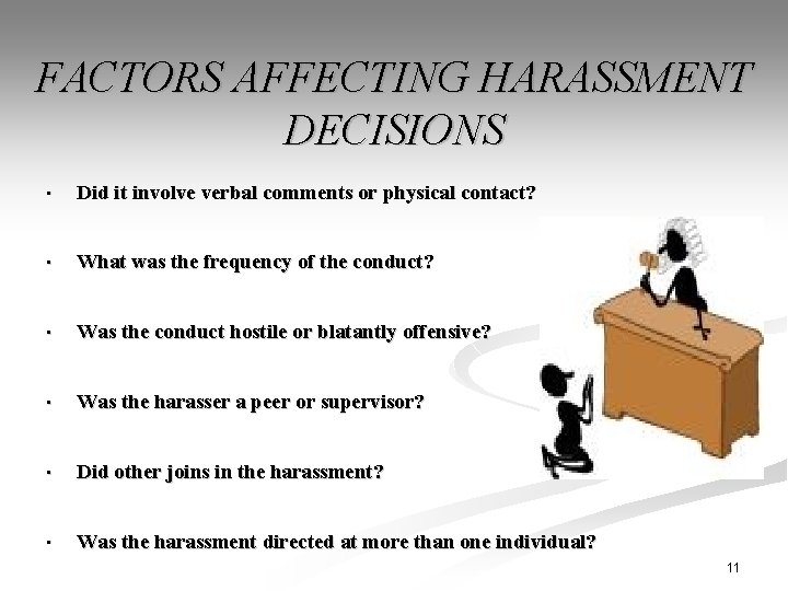 FACTORS AFFECTING HARASSMENT DECISIONS • Did it involve verbal comments or physical contact? •