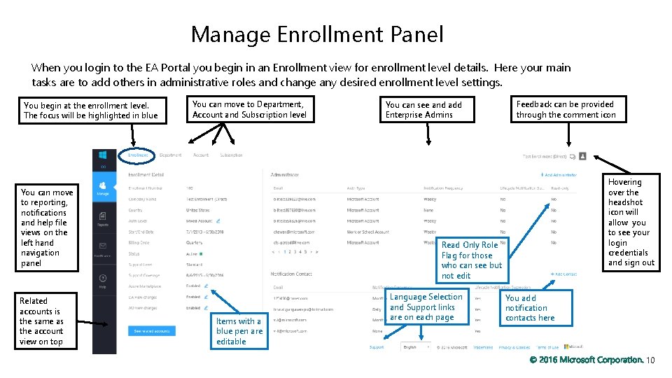 Manage Enrollment Panel When you login to the EA Portal you begin in an