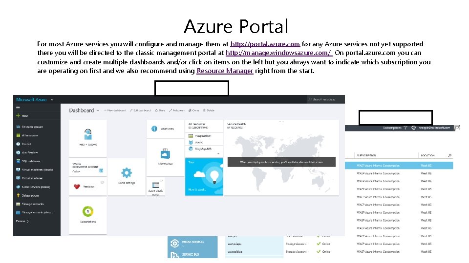 Azure Portal For most Azure services you will configure and manage them at http: