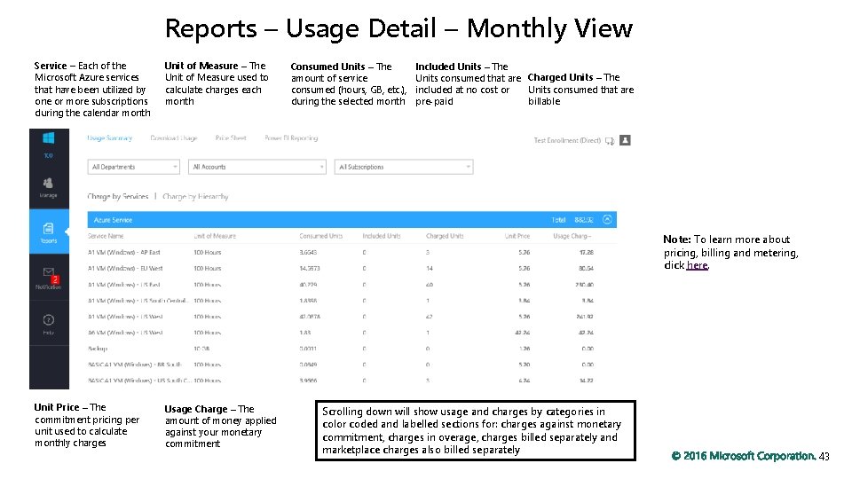 Reports – Usage Detail – Monthly View Service – Each of the Microsoft Azure