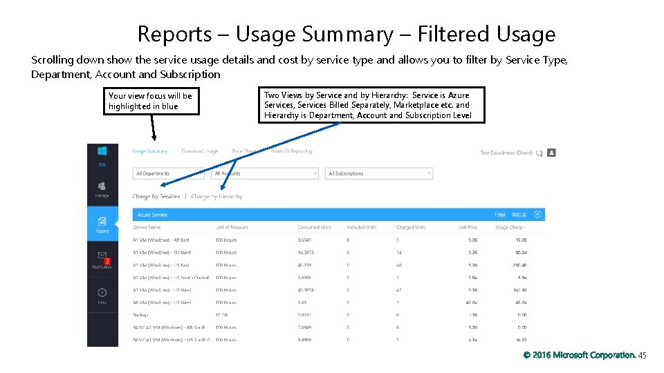 Reports – Usage Summary – Filtered Usage Scrolling down show the service usage details