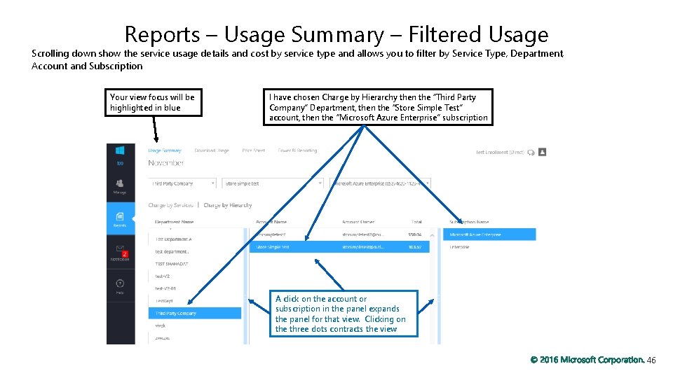 Reports – Usage Summary – Filtered Usage Scrolling down show the service usage details