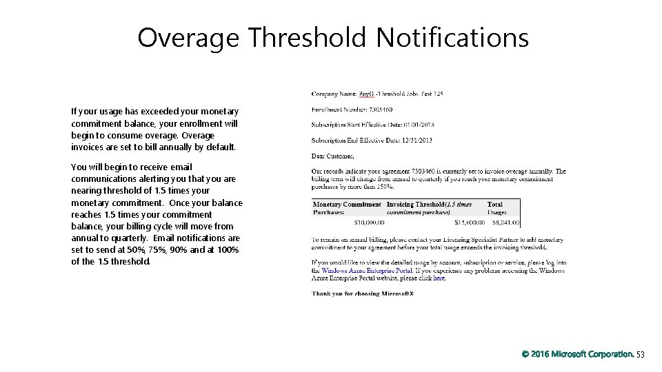 Overage Threshold Notifications If your usage has exceeded your monetary commitment balance, your enrollment