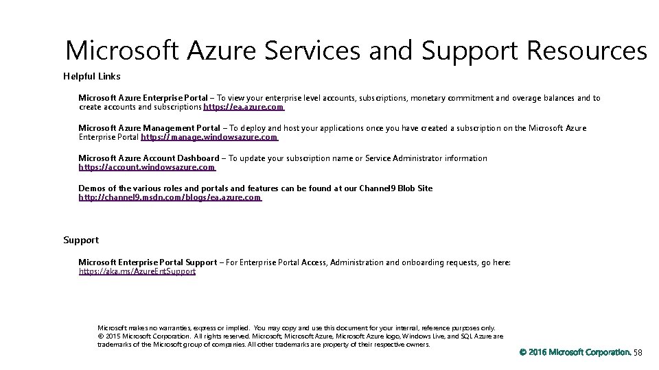 Microsoft Azure Services and Support Resources Helpful Links Microsoft Azure Enterprise Portal – To