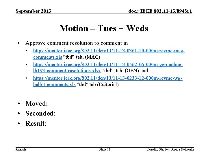 September 2013 doc. : IEEE 802. 11 -13/0943 r 1 Motion – Tues +