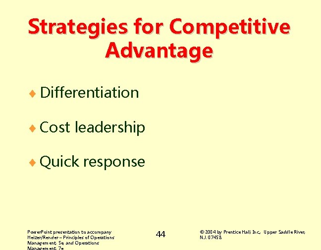 Strategies for Competitive Advantage ¨ Differentiation ¨ Cost leadership ¨ Quick response Power. Point
