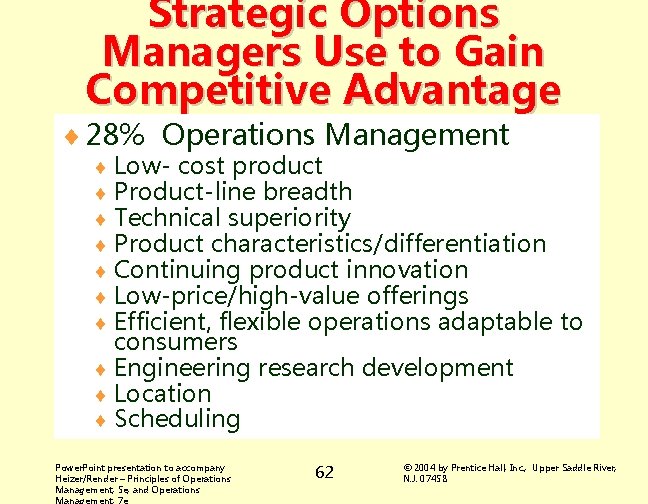 Strategic Options Managers Use to Gain Competitive Advantage ¨ 28% Operations Management ¨ Low-